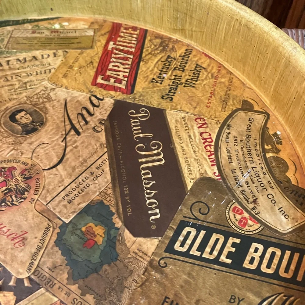 Vintage Liquor Labels Tin Metal Tray Decoupaged 13.5” Wide Unique Bar Decor